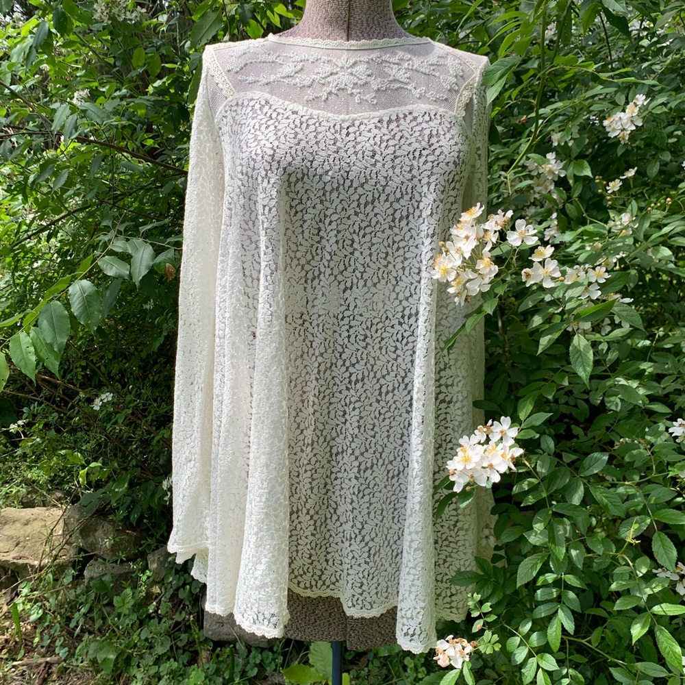 Free People Boho Beaded Lace Babydoll Bell Sleeves
